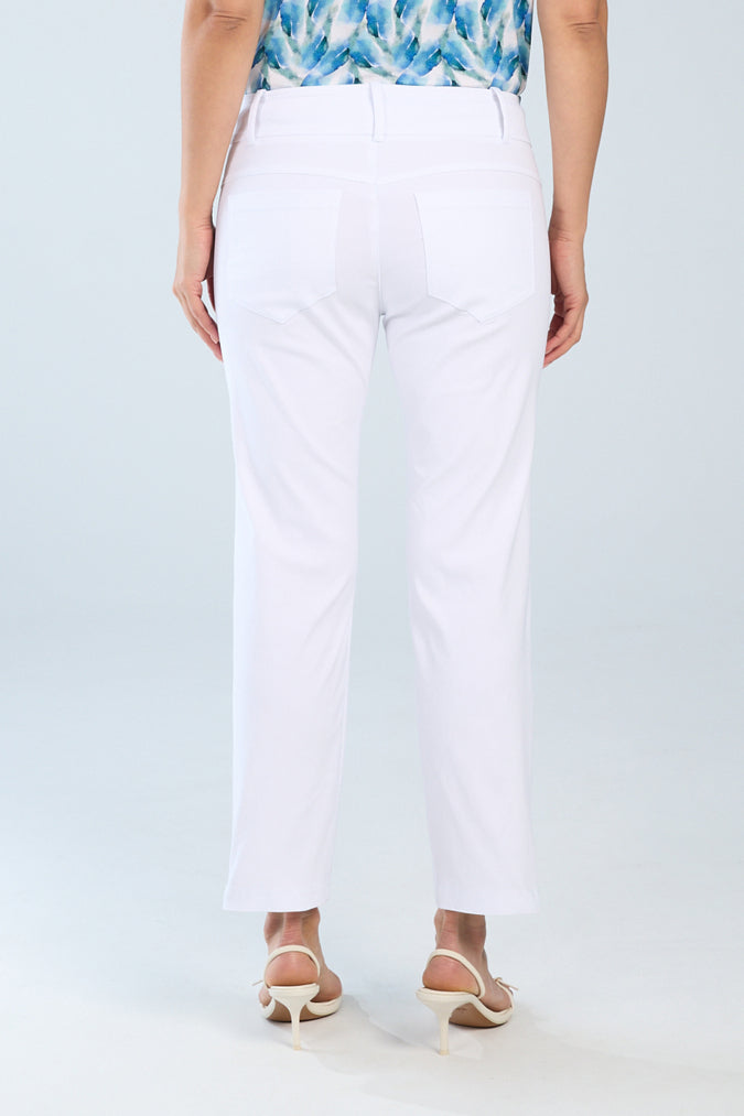 Woman wearing white cropped straight-leg pants with back pockets, shown from the back.