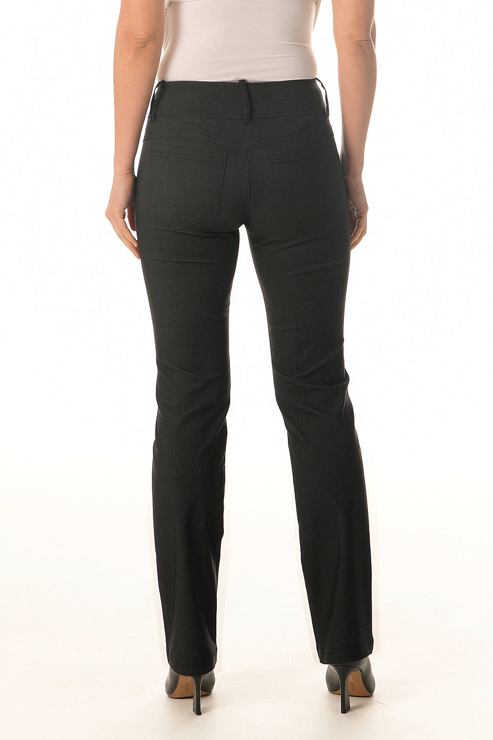 Black pants with silver buttons on a white background