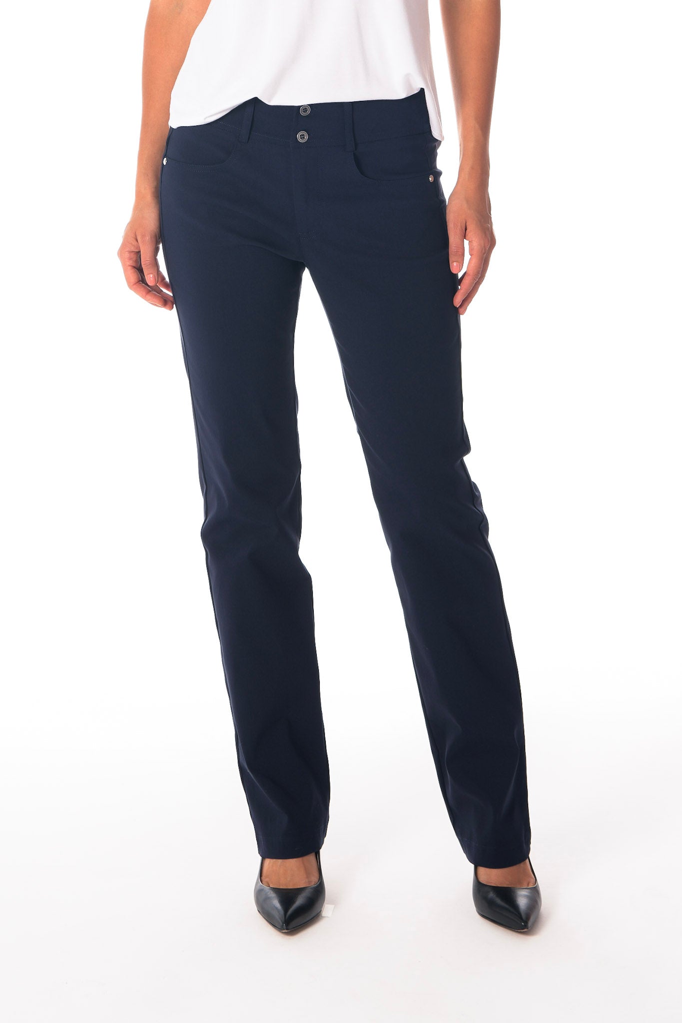 Navy blue pants worn by a person on a white background