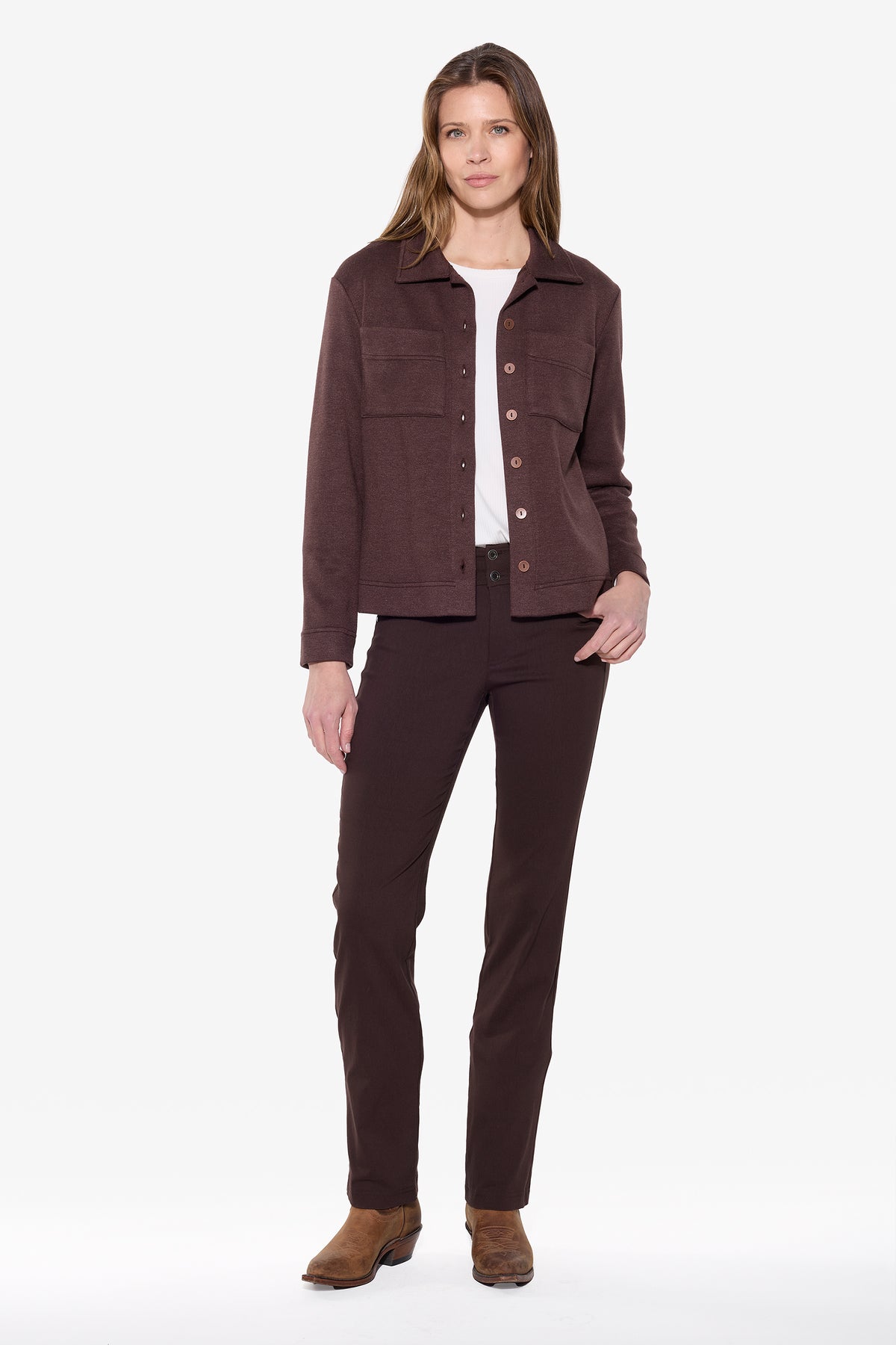 Model wearing the BEDDOME Cardi Jacket in Espresso, a soft knit button-front jacket with shirt collar and front patch pockets.