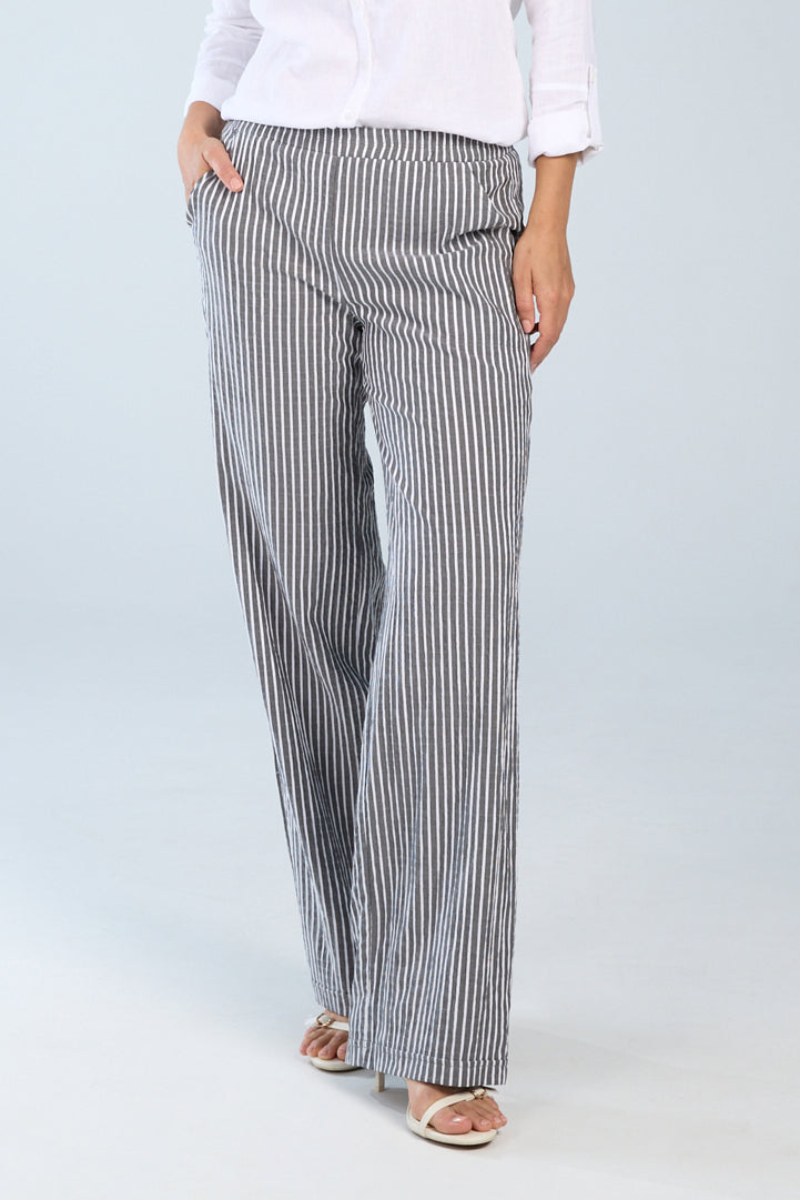 A pair of striped lightweight lounge pants with an elastic waist, front pockets, and wide legs.