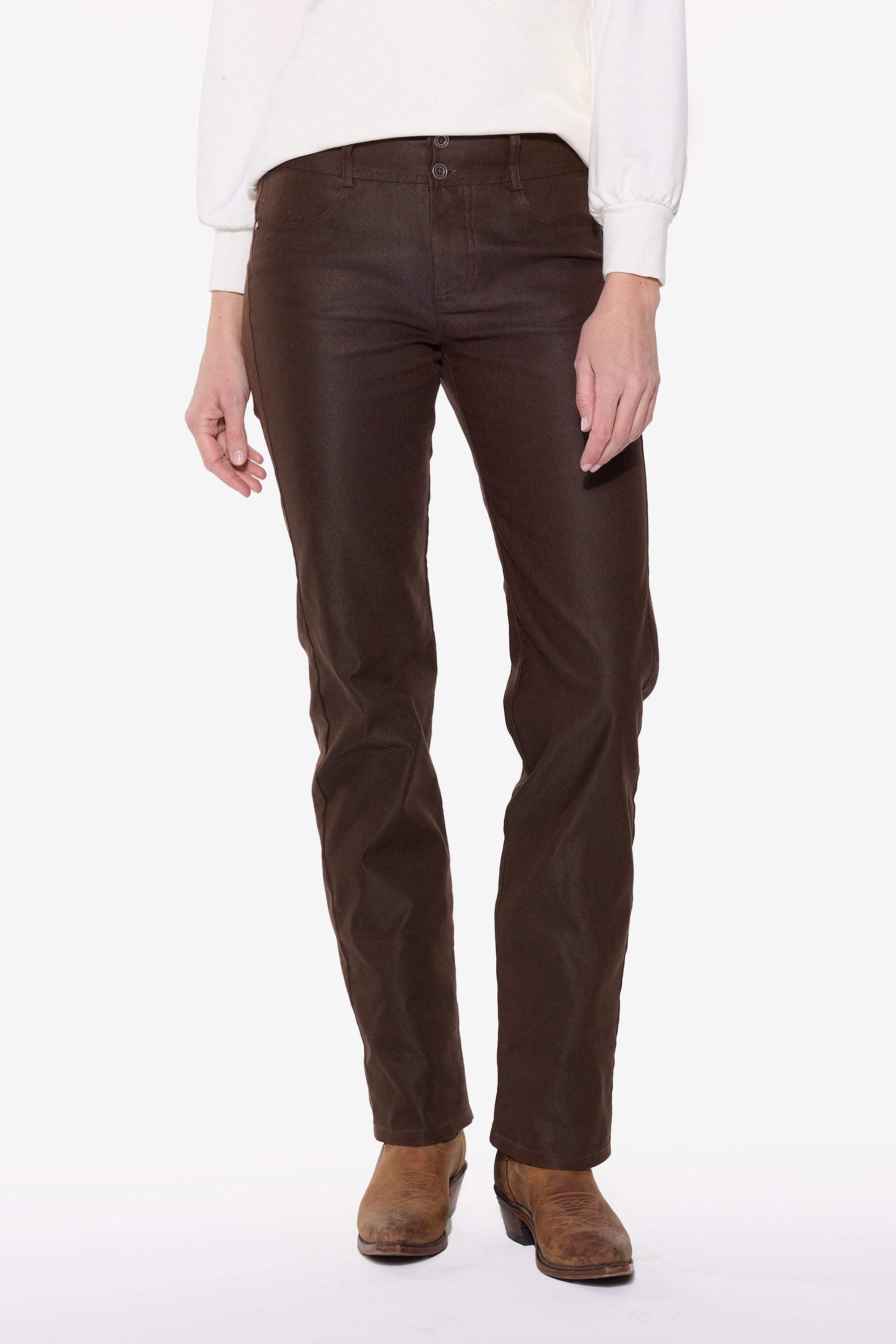 Model wearing the Original Stretch Denim Straight Leg Jean in Dark Chocolate