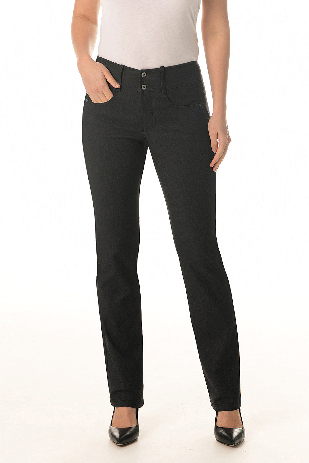 Person wearing black pants on a white background